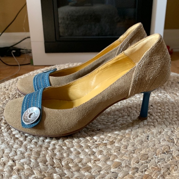 Miss Sixty mint condition tan suede heels w/ denim & stitching detailing size 37 - Picture 2 of 10
